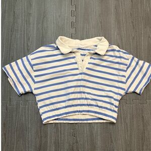Zara Kids Girls Blue White Striped Cropped Polo Shirt Elastic Hem Size 13-14